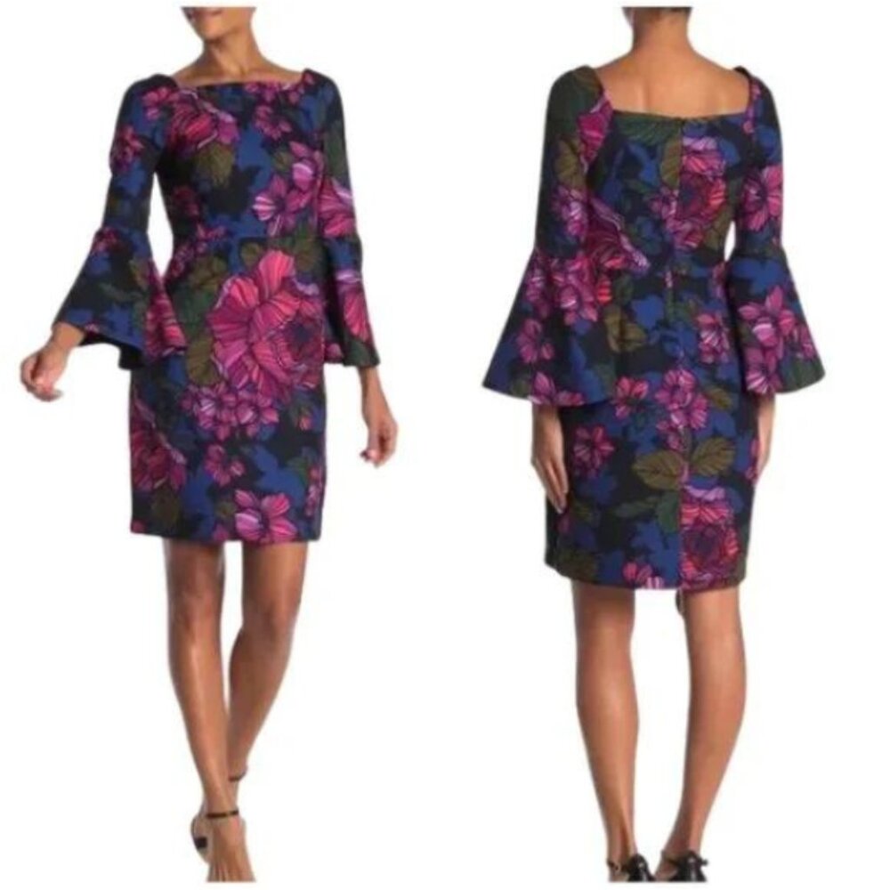 Trina Turk Womans Knee Length Formal Dress Floral Bell Sleeves Size 6